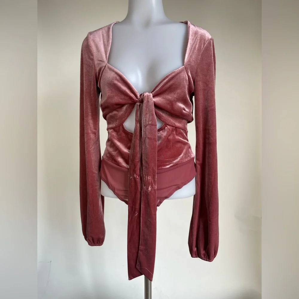 Lulus - Upgraded Style Mauve Velvet Long Sleeve Tie-Front Bodysuit - Picture 14 of 15